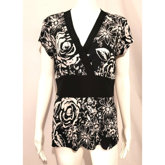 Susan Lawrence V-Neck Black & White Floral Print Blouse - Size L - Picture 1 of 9